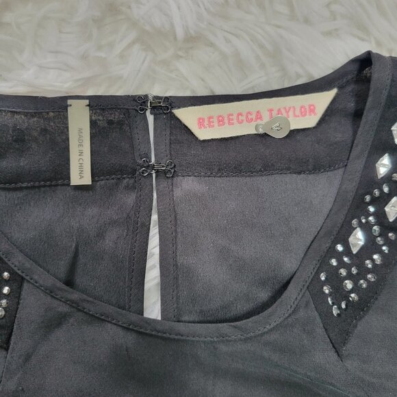 Rebecca Taylor 100% Silk Black Top with Embellished Sleeves - Size 4 - Picture 5 of 13